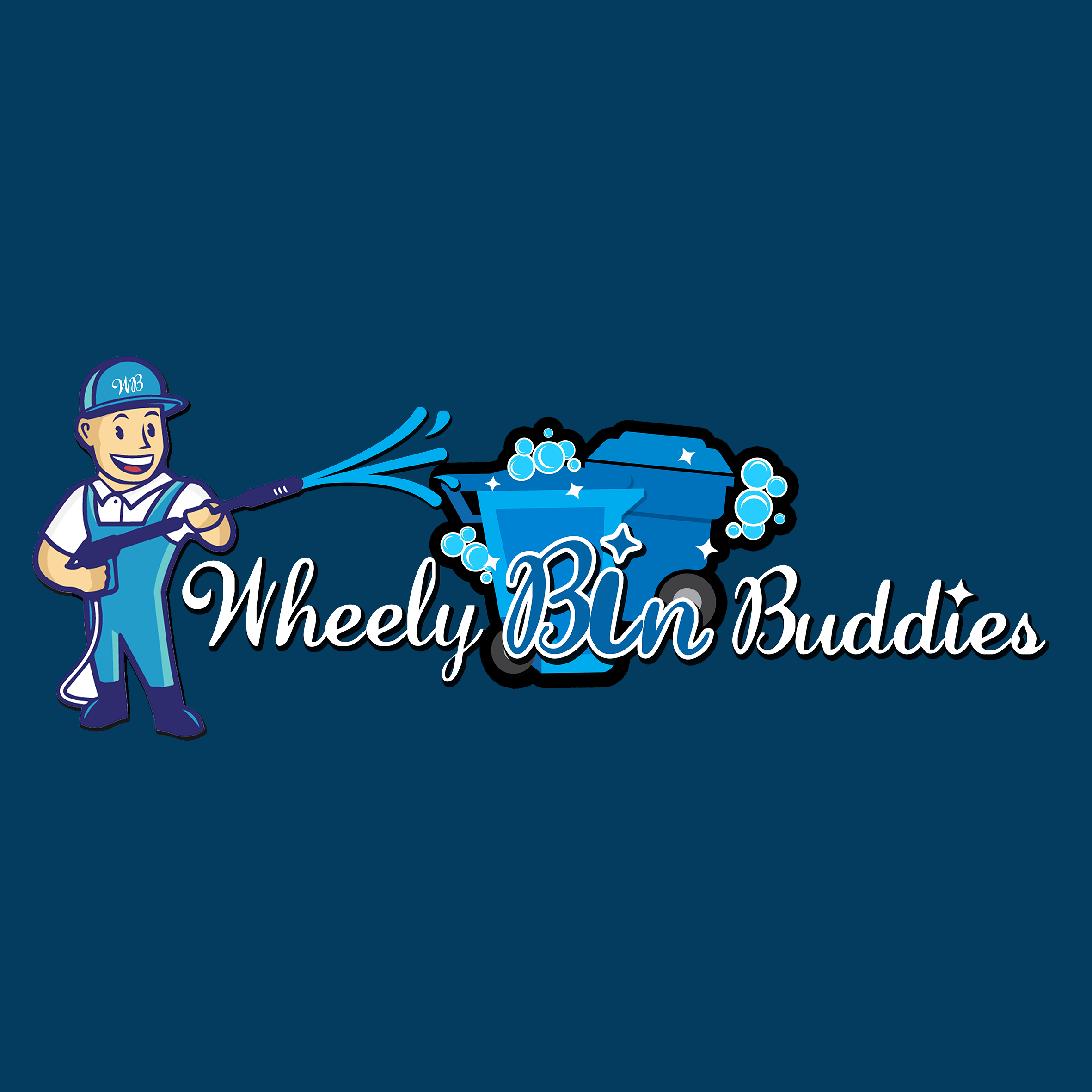 Logo for Wheely Bin Buddies featuring a cartoon character in overalls and cap spraying bubbly water into a blue trash bin with the business name in cursive.