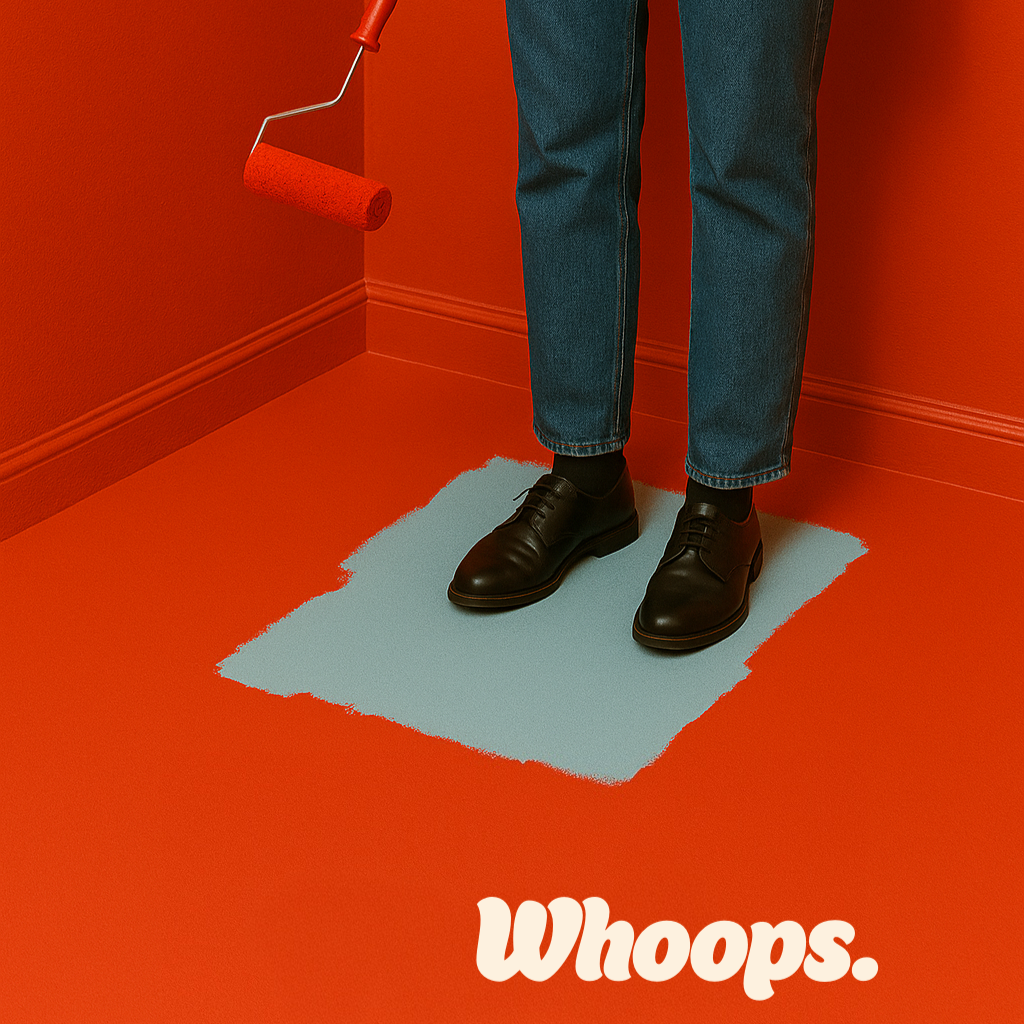A person wearing black shoes and blue jeans, standing on a light blue square rug on a red floor, holding a red paint roller. The background is a red wall and the word "Whoops." is written in white at the bottom.