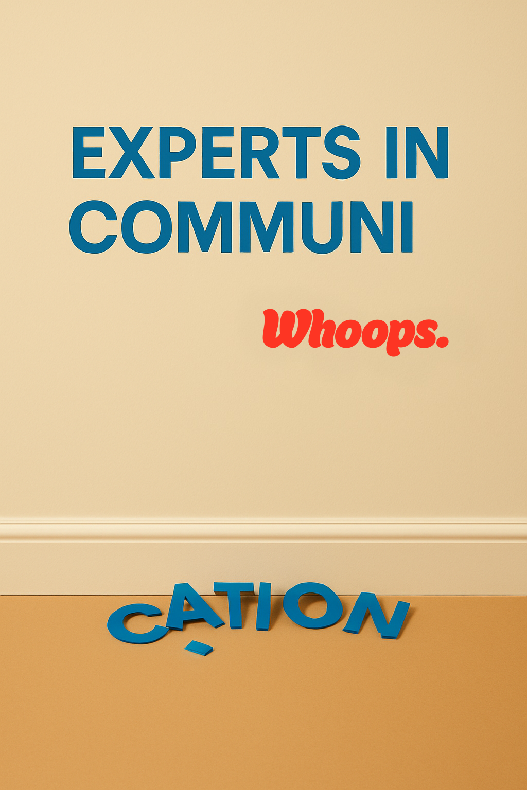 Blue letters spelling 'EXPERTS IN COMMUNI' on a beige wall with the word 'Whoops.' in red underneath. Blue letters spelling 'CATION' are fallen on the floor.