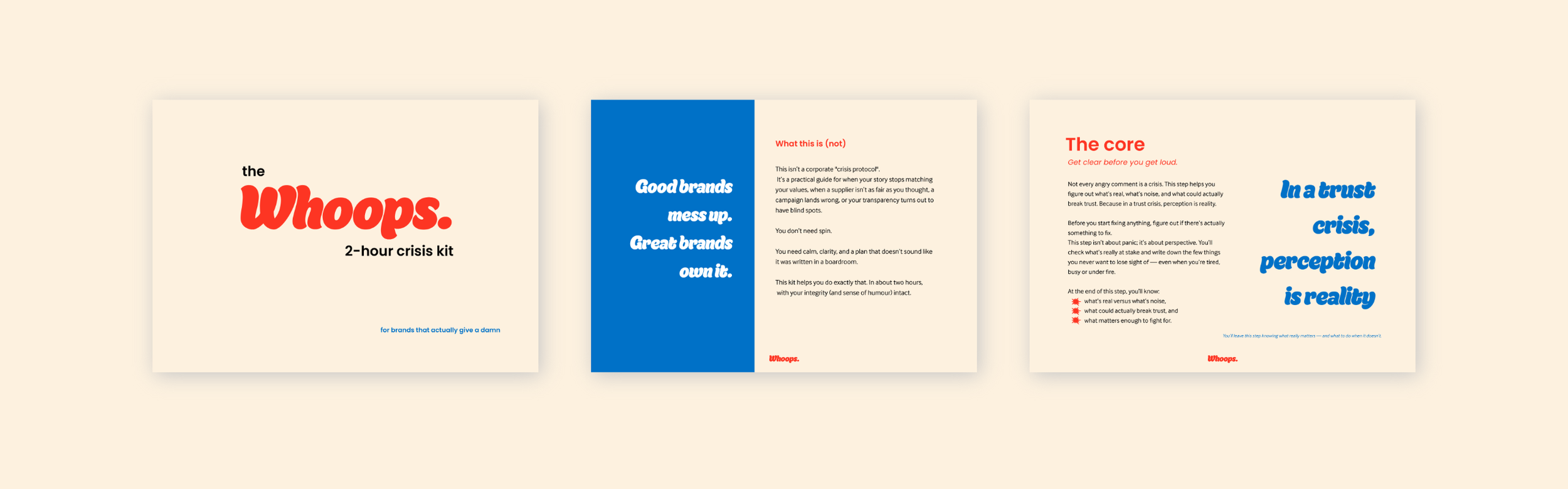 Three-page brochure titled 'the Whoops. 2-hour crisis kit' with additional text in red and blue for branding and informational purposes.