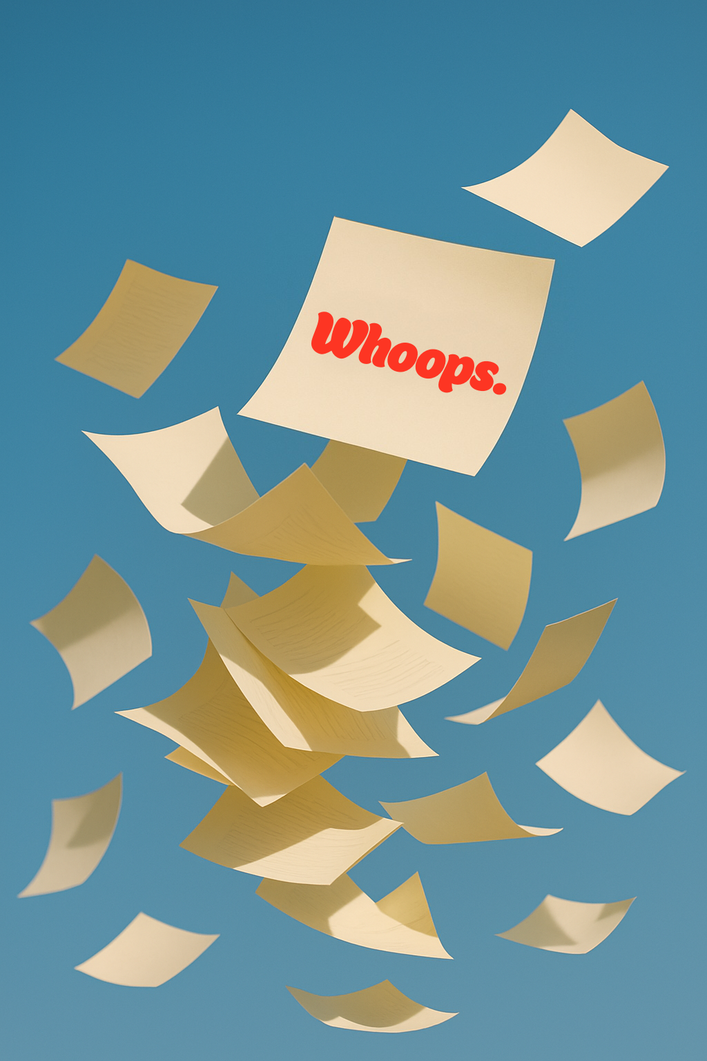 Several sheets of paper falling with one sheet displaying the word 'Whoops.' in red font.