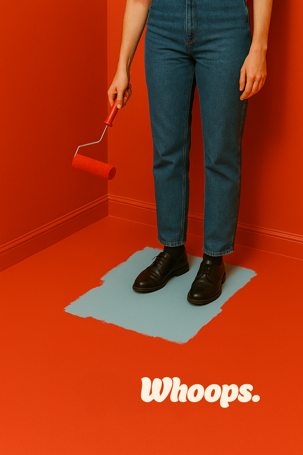 A person standing on a light blue mat in a corner of a room with red walls, holding a paint roller with red paint, dressed in blue jeans and black shoes. The word "Whoops" is written in white at the bottom of the image.