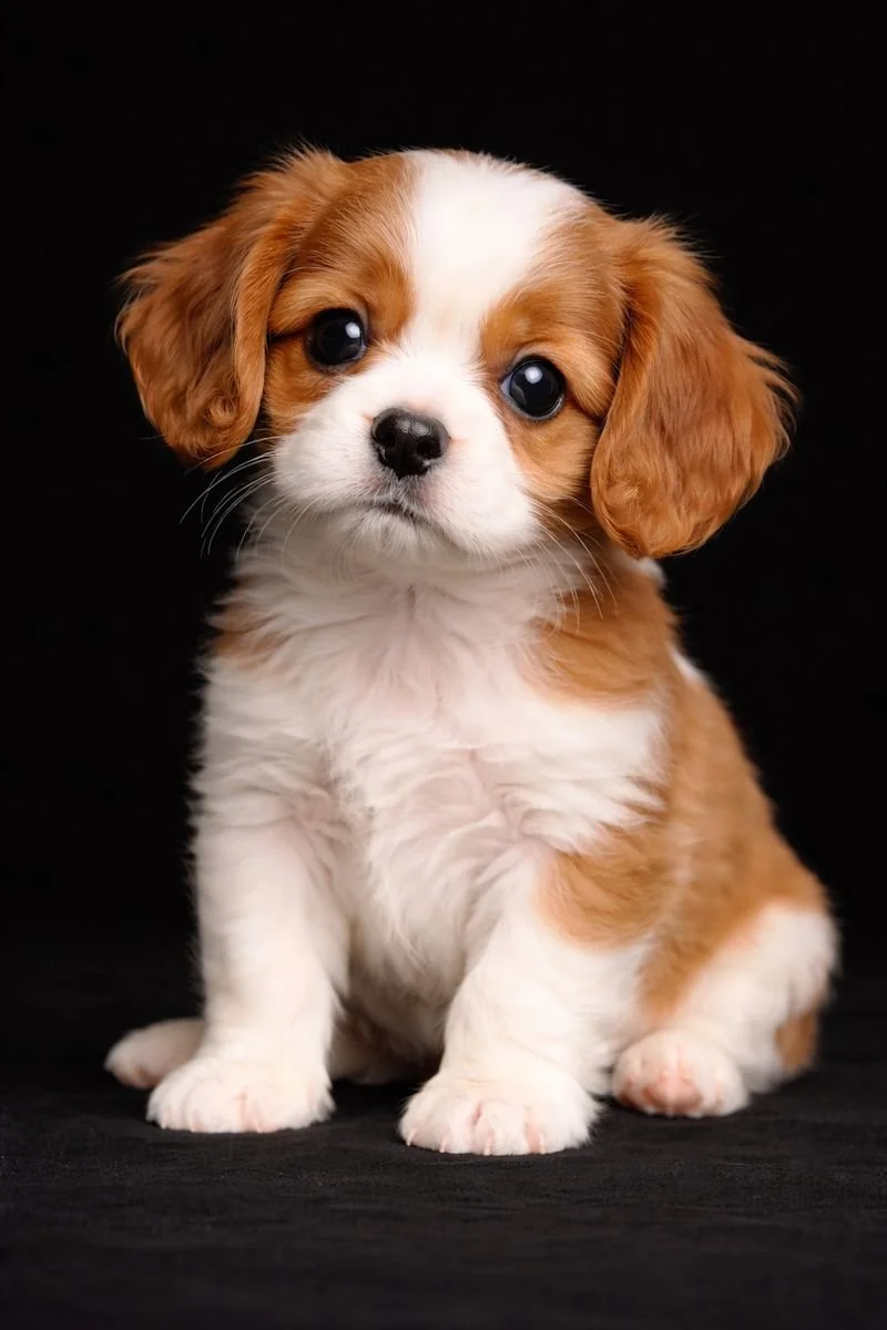 Cucciolo di cane con orecchie lunghe e morbide, pelo bianco e marrone, occhi grandi e scuri, seduto su uno sfondo nero.