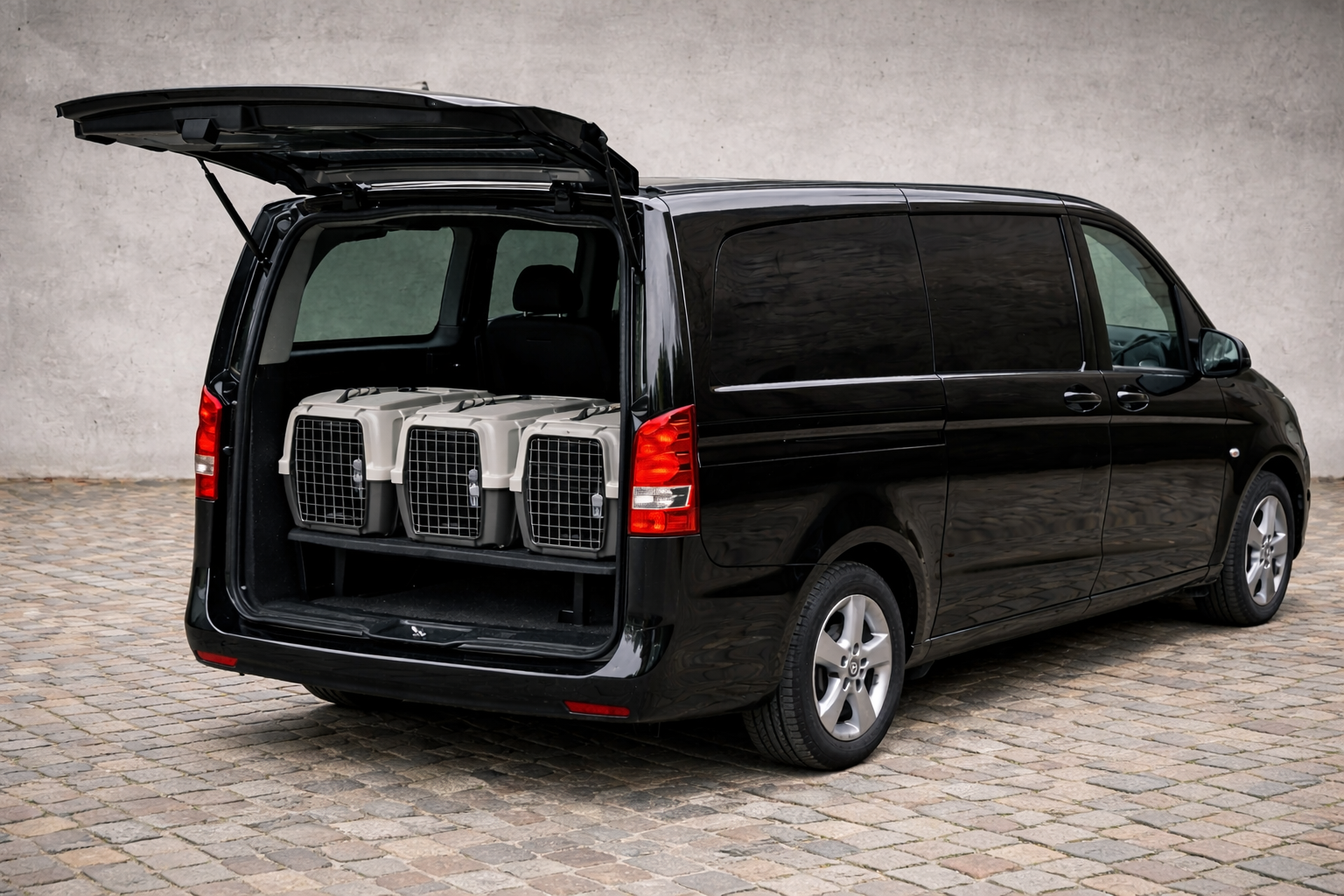 Vettura nera con portellone aperto contenente quattro gabbie per animali