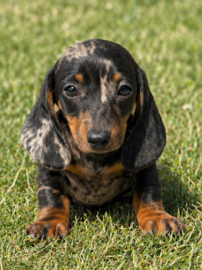 Cucciolo di bassotto con pelo a macchie nero e marrone che si trova su un prato verde