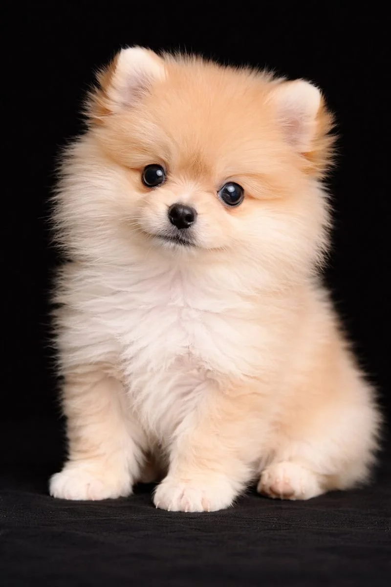 cucciolo di cane Pomerania con pelo folto e morbido, occhi grandi e scuri, sfondo nero
