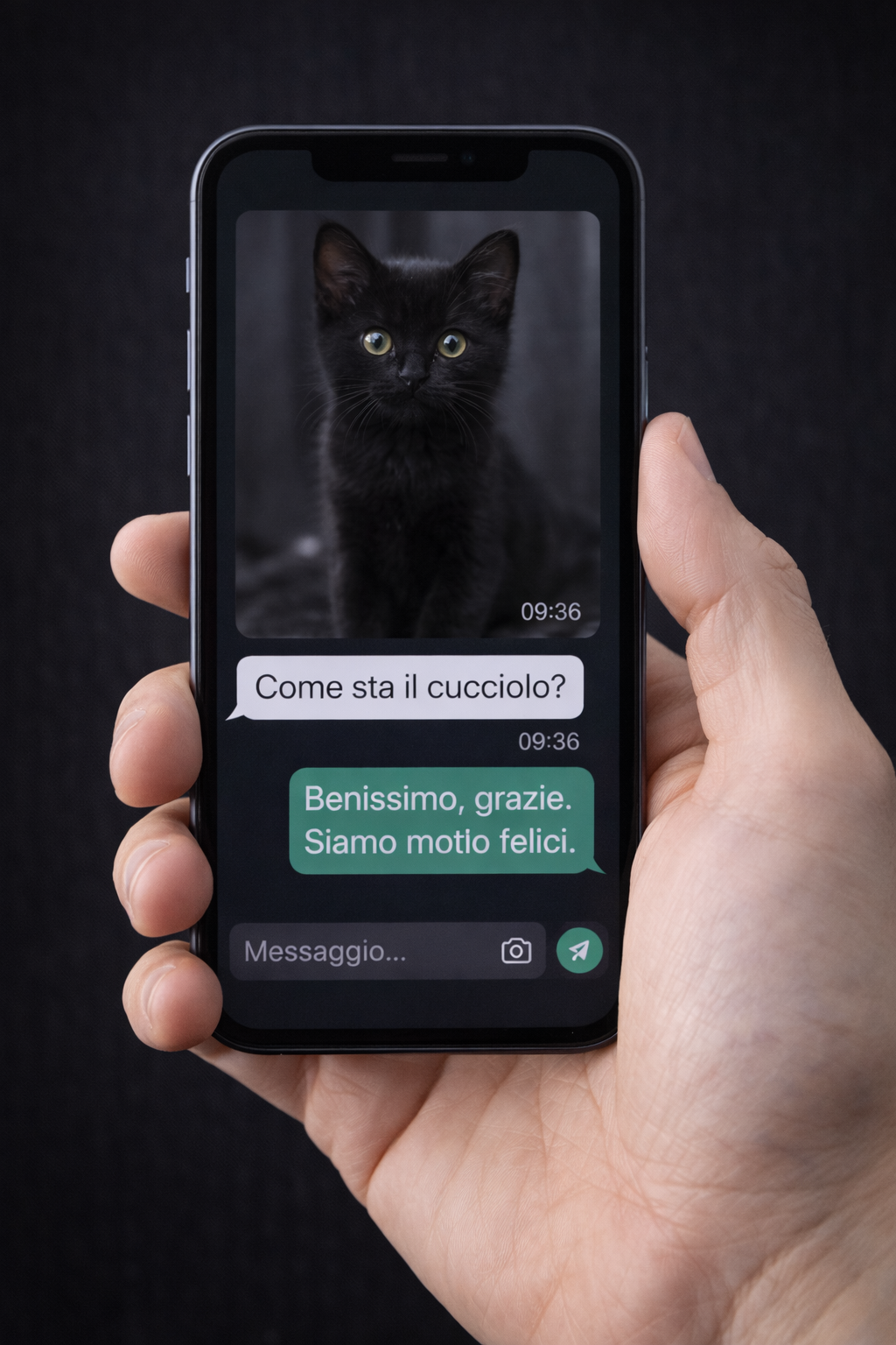 Uno smartphone mostra un messaggio di chat con una foto di un gattino nero e la conversazione in italiano tra due persone, in cui si chiede come sta il gattino e la risposta è che sta bene e sono felici.