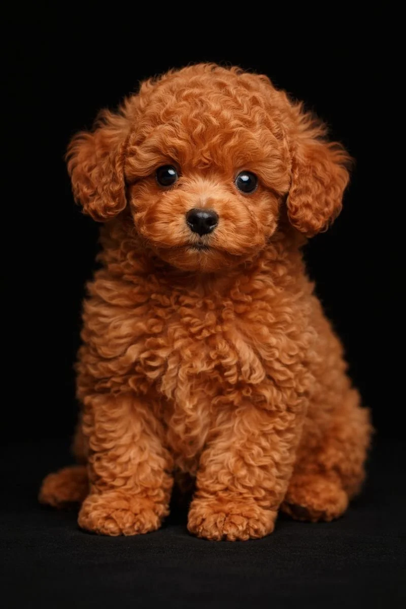 Un tenero cucciolo di cane marrone e riccio, seduto su sfondo nero.