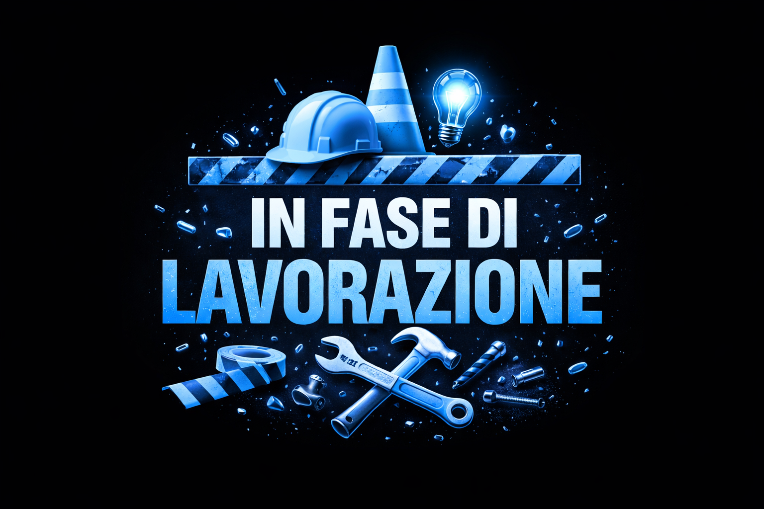 Effetto visivo con elementi di edilizia e tecnologia, inclusi casco da cantiere, cono, lampadina accesa, strumenti come chiave e martello, frase 'In fase di lavorazione', sfondo nero