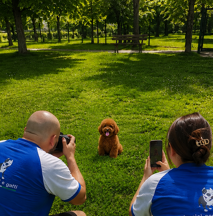 Due persone stanno fotografando un cucciolo di cane marrone in un parco verde, circondato da alberi e panchine.