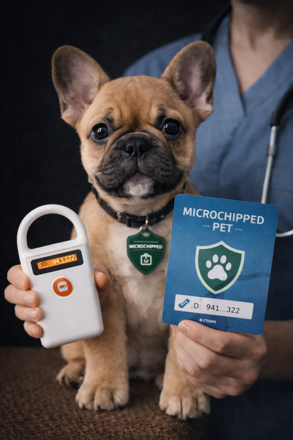 Un cucciolo di bulldog francese con medaglietta e badge 'microchipped pet' è tenuto da una persona che mostra anche un dispositivo di microchip e una scheda con il numero di identificazione