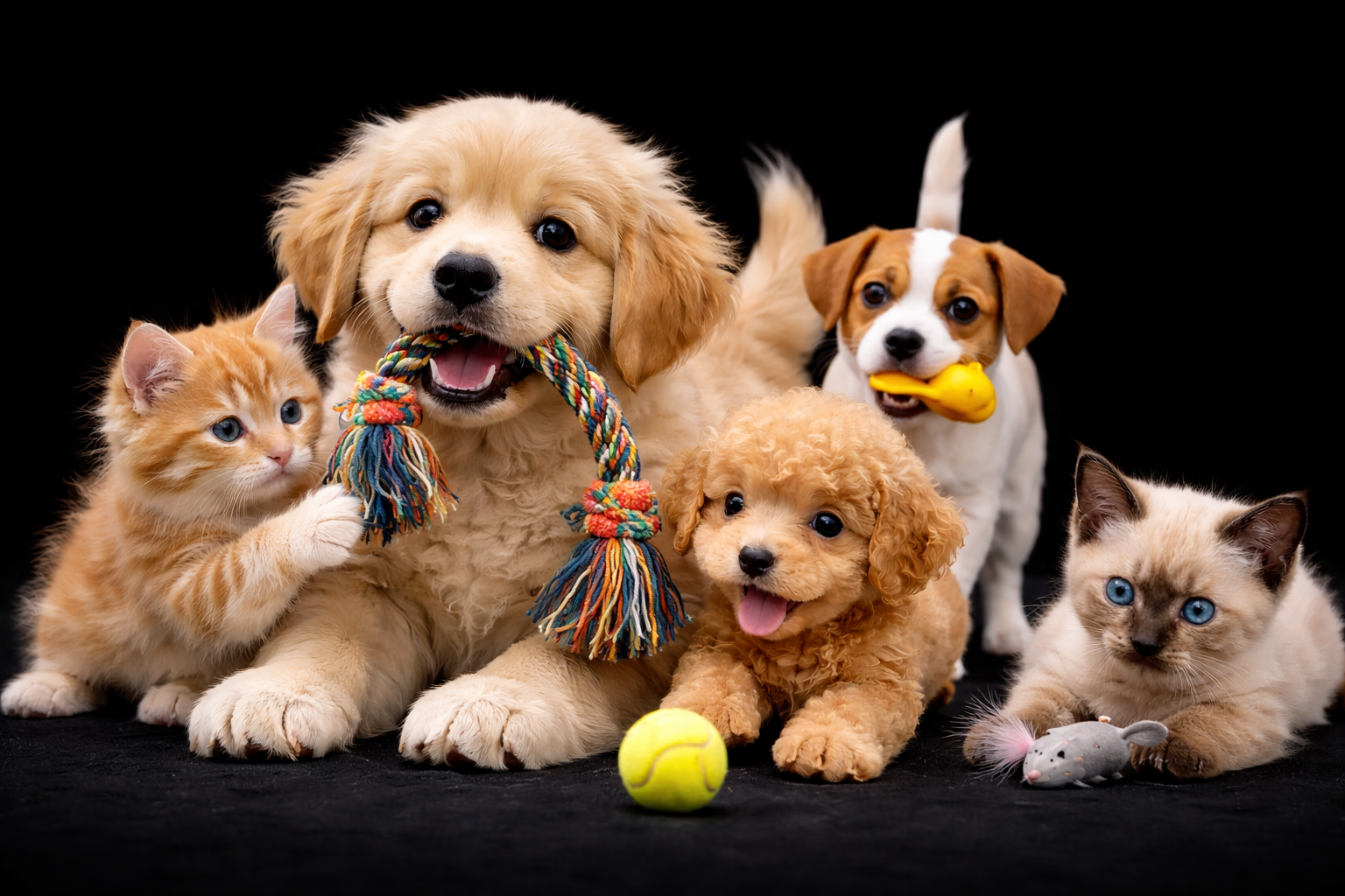 Cane di piccola taglia e gatti con palline e giocattoli su sfondo nero.