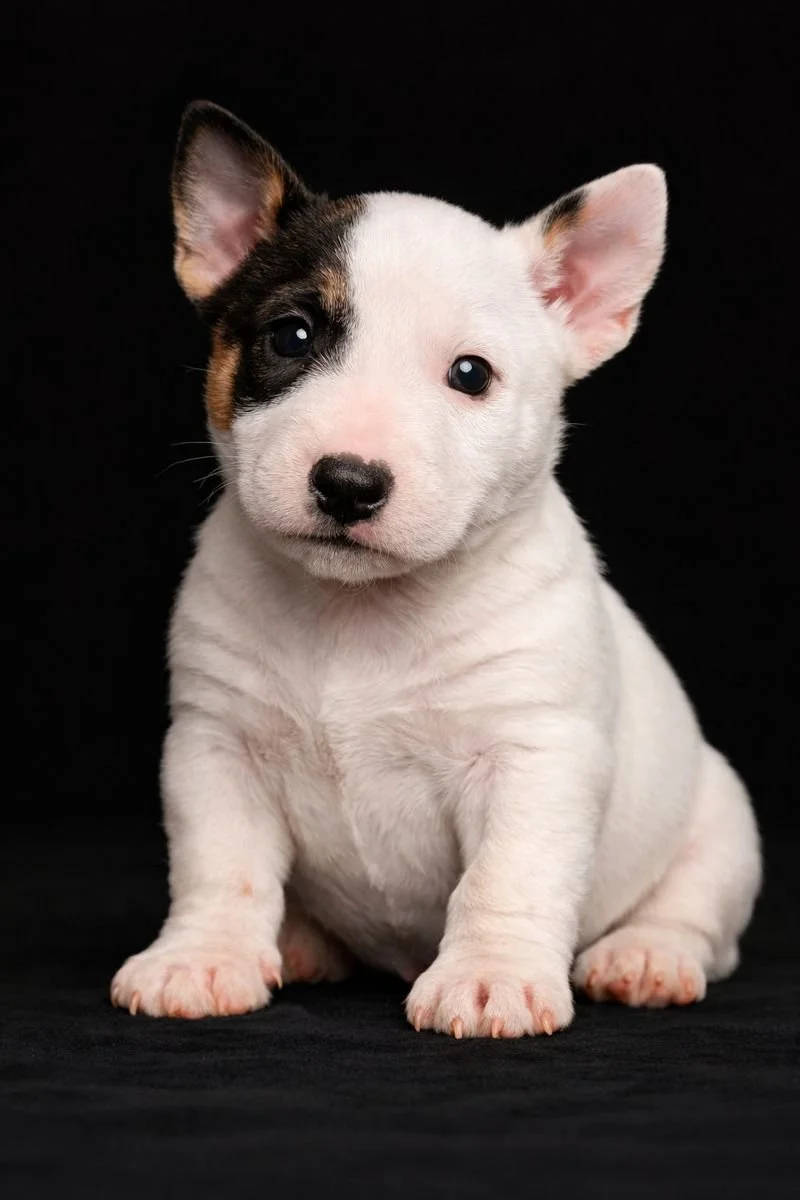 Cucciolo di cane bianco con macchia nera e marrone sulla faccia, seduto su uno sfondo nero.
