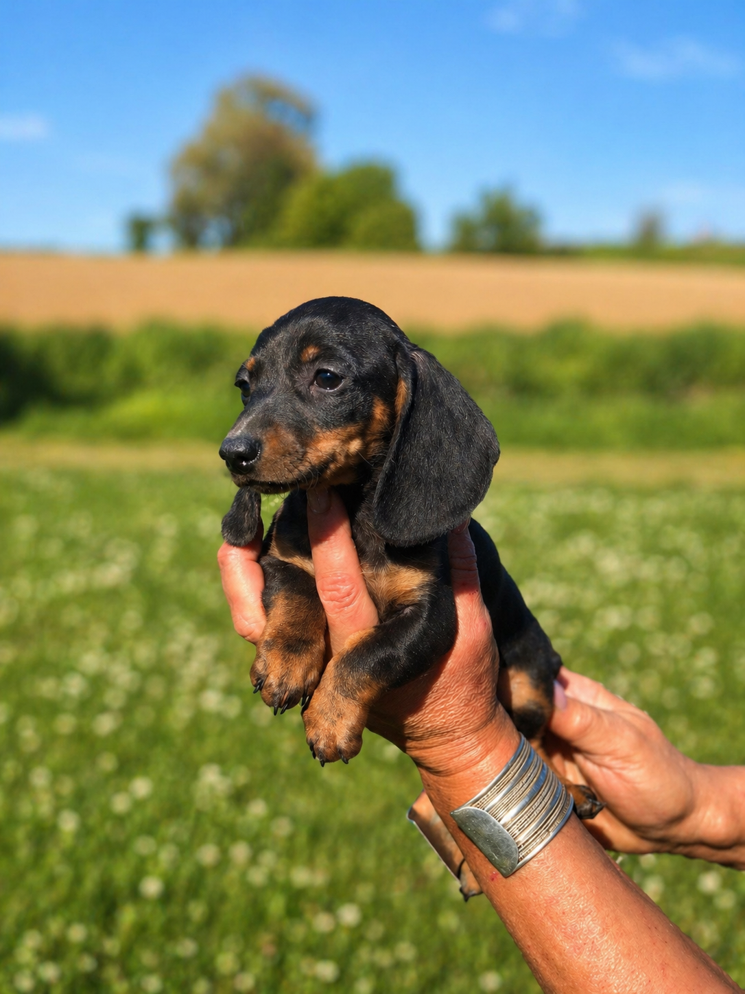 Cane bassotto nero con dettaglio marrone che viene tenuto in mano all'aperto su un prato verde, con cielo blu sullo sfondo.