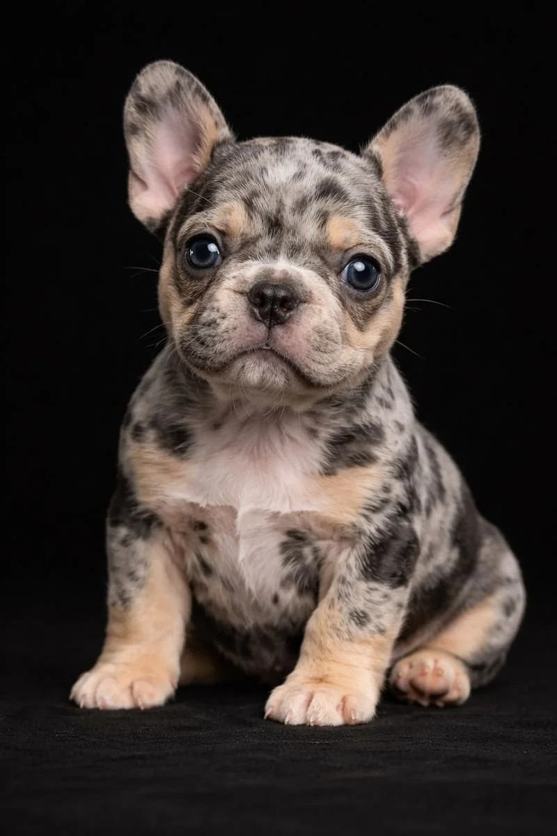Cagnolino di razza cuslhu con pelo argentato e occhi blu chiari, seduto su uno sfondo nero.