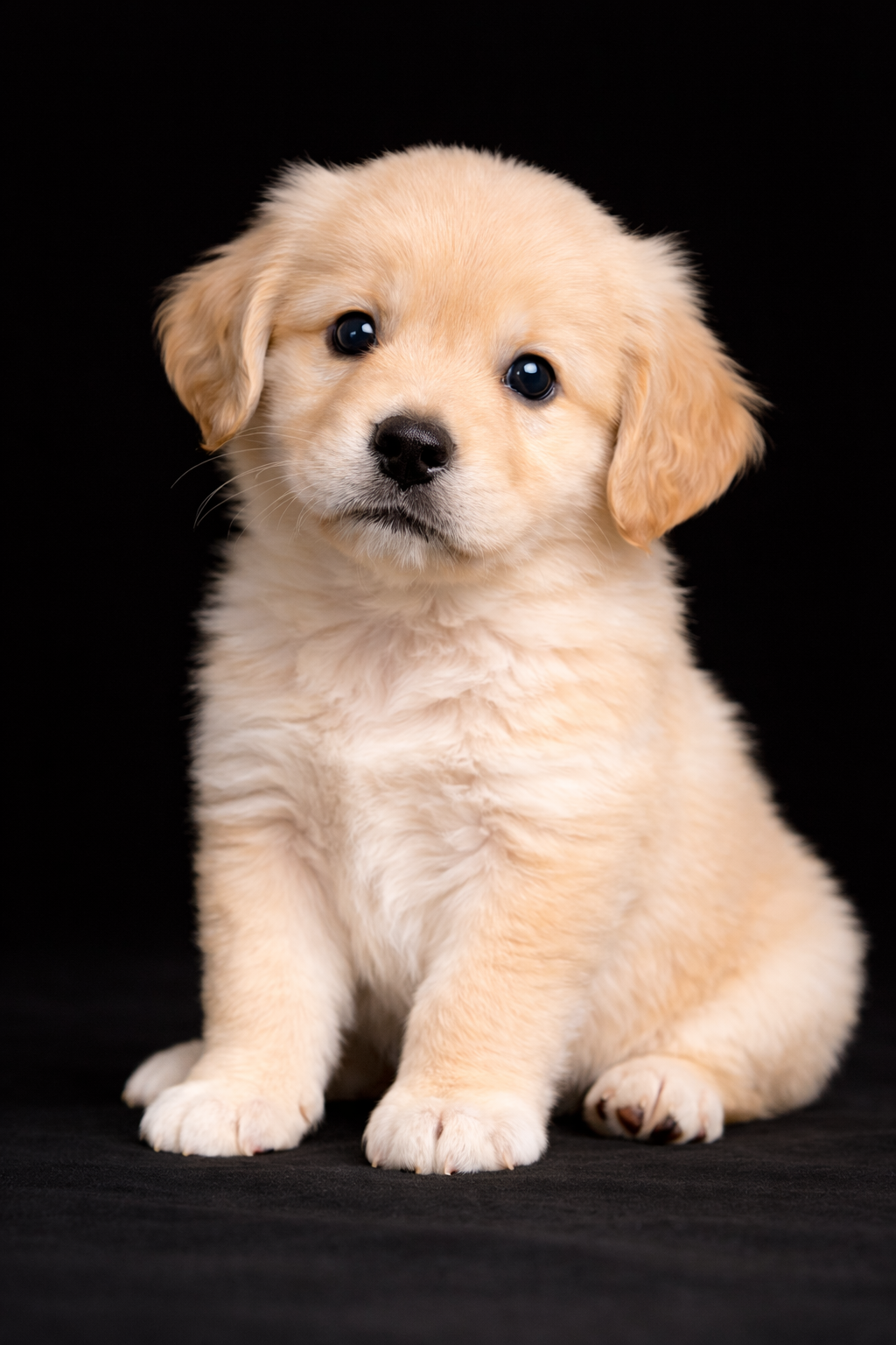 Cucciolo di cane dorato, con pelo morbido e orecchie pendenti, seduto su sfondo nero.