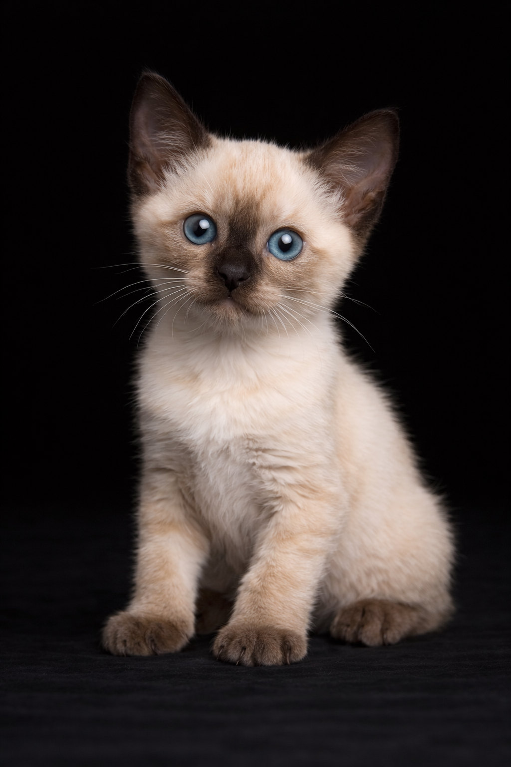 Gatto giovane con pelo crema e risciacqui scuri, seduto su sfondo nero, con occhi azzurri