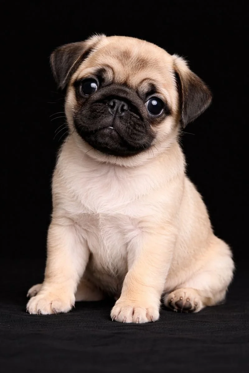 Cucciolo di cane pug seduto su sfondo nero.