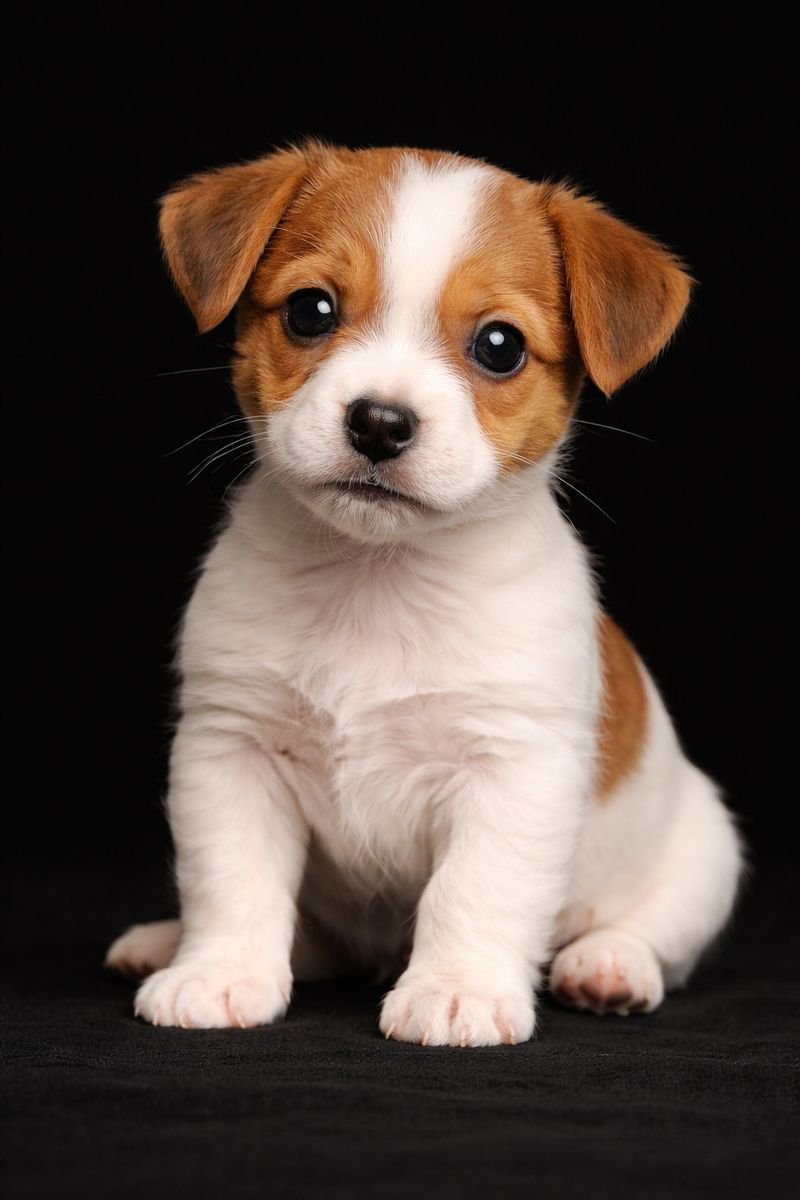 Cucciolo di cane con pelo bianco e marrone, seduto su uno sfondo nero.