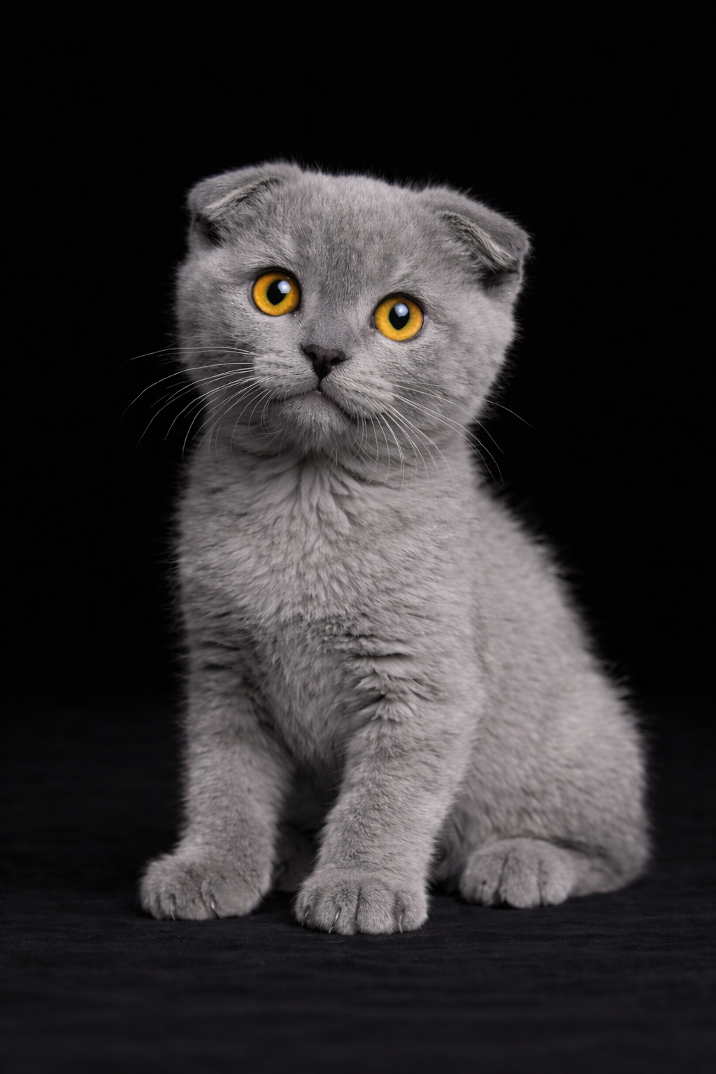 Gattino grigio con occhi gialli seduto su sfondo nero.