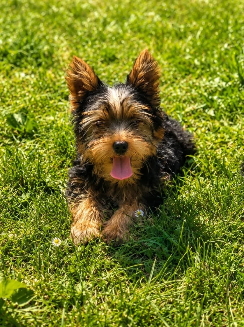 Cane cucciolo di piccola taglia che corre e sorride su un prato verde soleggiato.