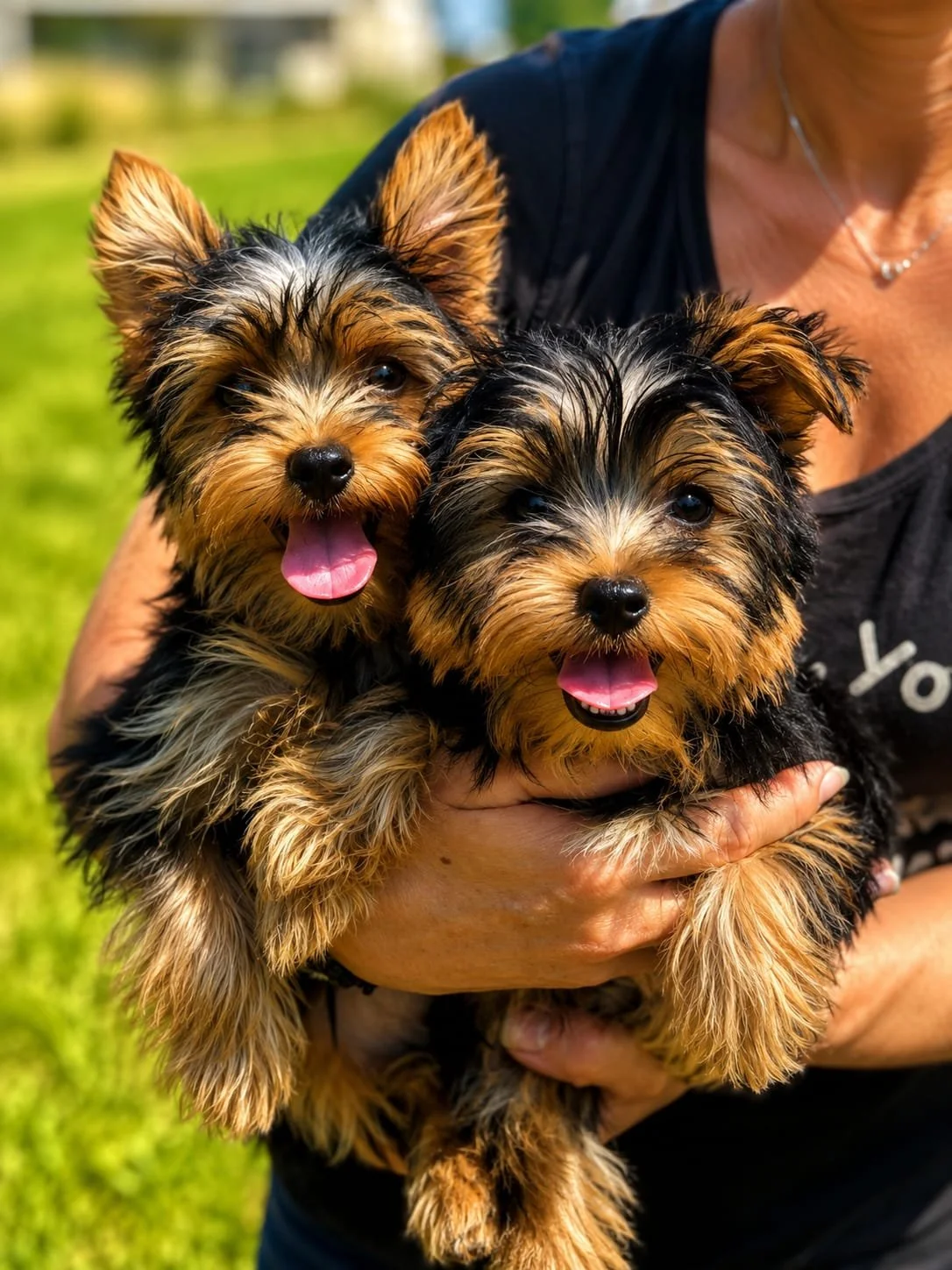 Due cuccioli di Yorkshire terrier con pelo nero, marrone e bianco e lingue fuori, in braccio a una persona all'aperto.