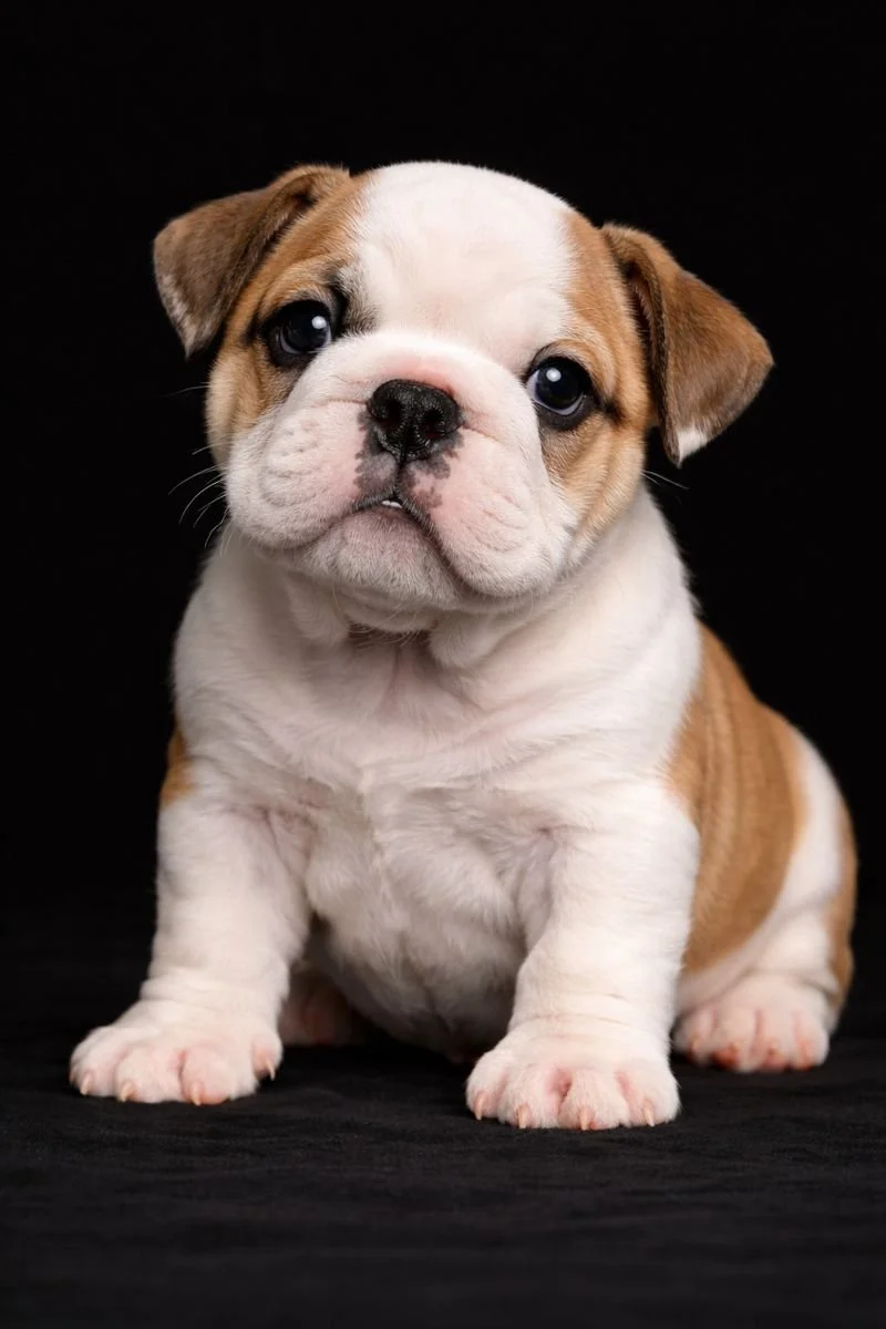 opportunamente un cucciolo di bulldog francese con pelo bianco e marrone, occhi azzurri, su sfondo nero