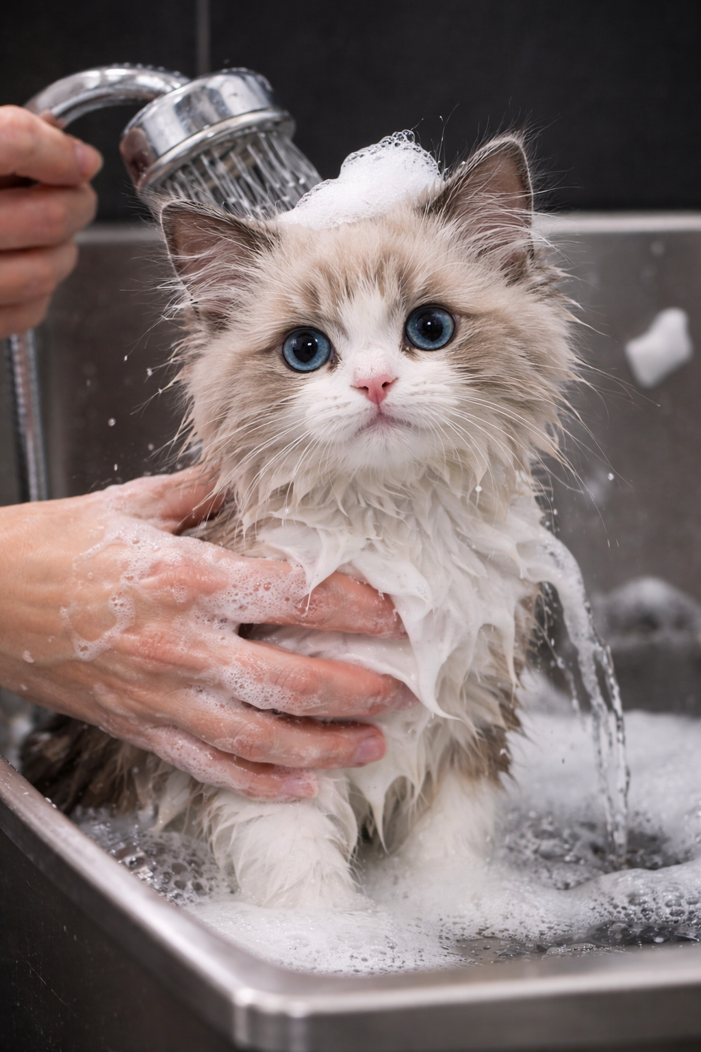 Gattino di razza Ragdoll con occhi azzurri viene lavato sotto la doccia con schiuma