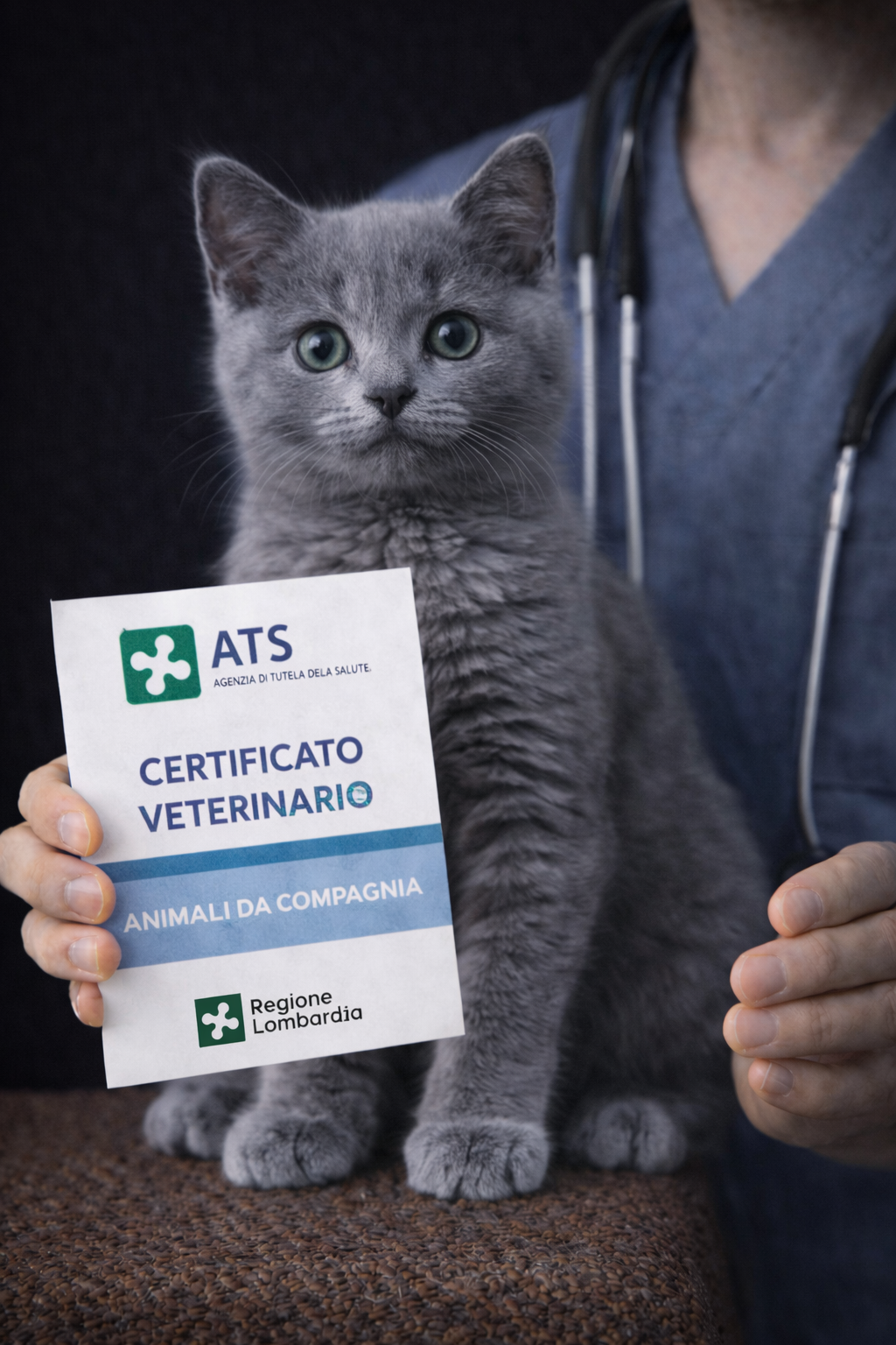 Gatto grigio con occhi verdi, seduto su una superficie, che tiene un certificato veterinario dell'Agenzia di Tutela della Salute Regione Lombardia, sostenuto da una persona con mano visibile.