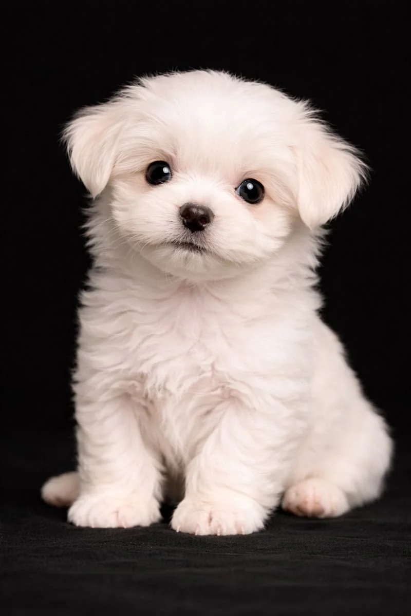 Cucciolo bianco con pelo morbido e occhi scuri, seduto contro uno sfondo nero.