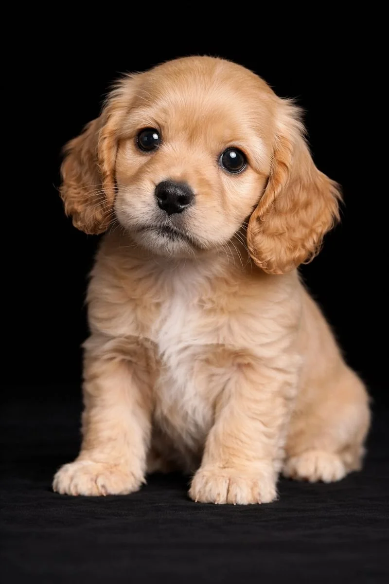 Cucciolo di cane con orecchie lunghe e occhi grandi, sullo sfondo nero.