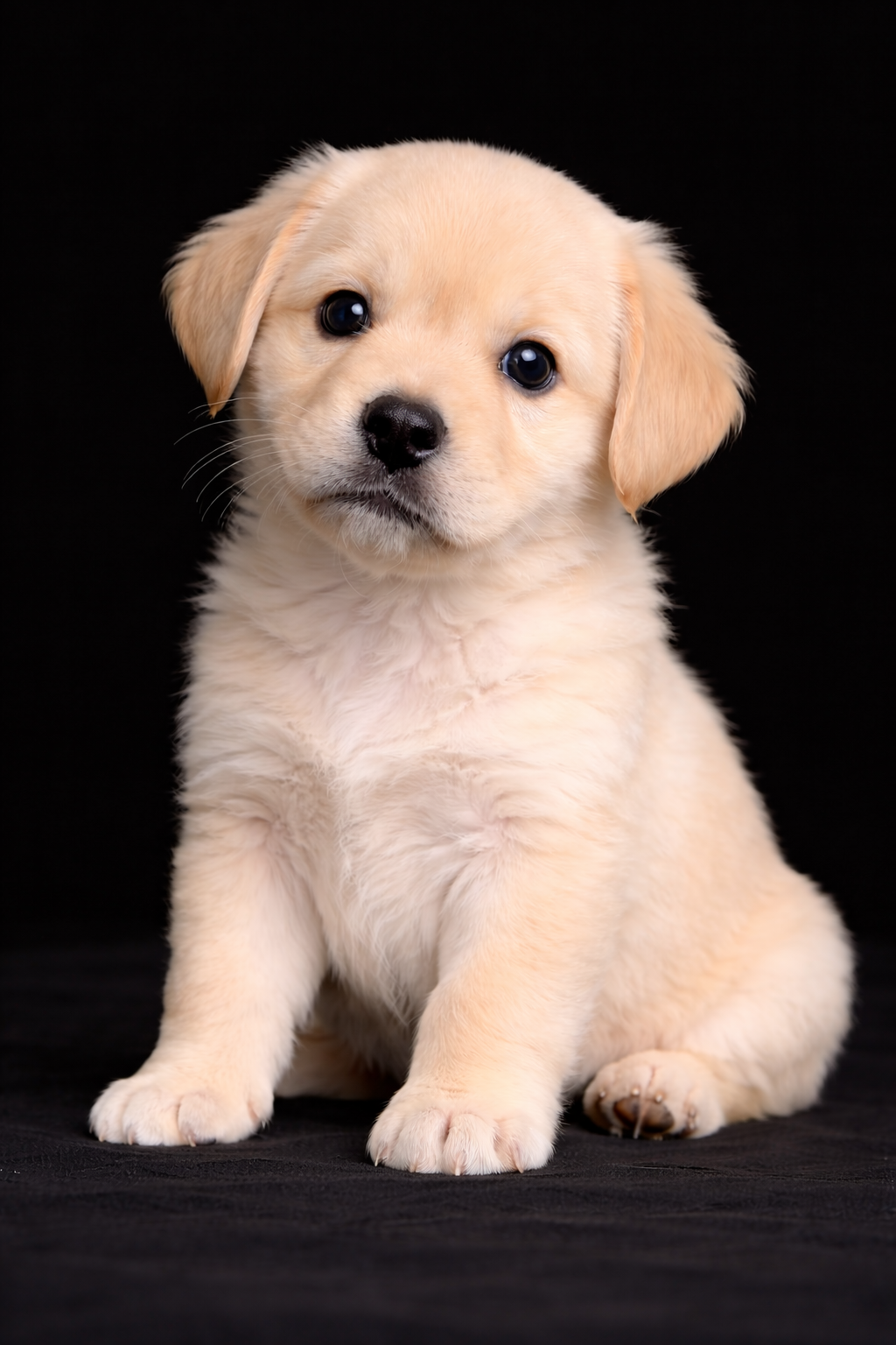 Cucciolo di cane giallo con orecchie cadenti su sfondo nero.