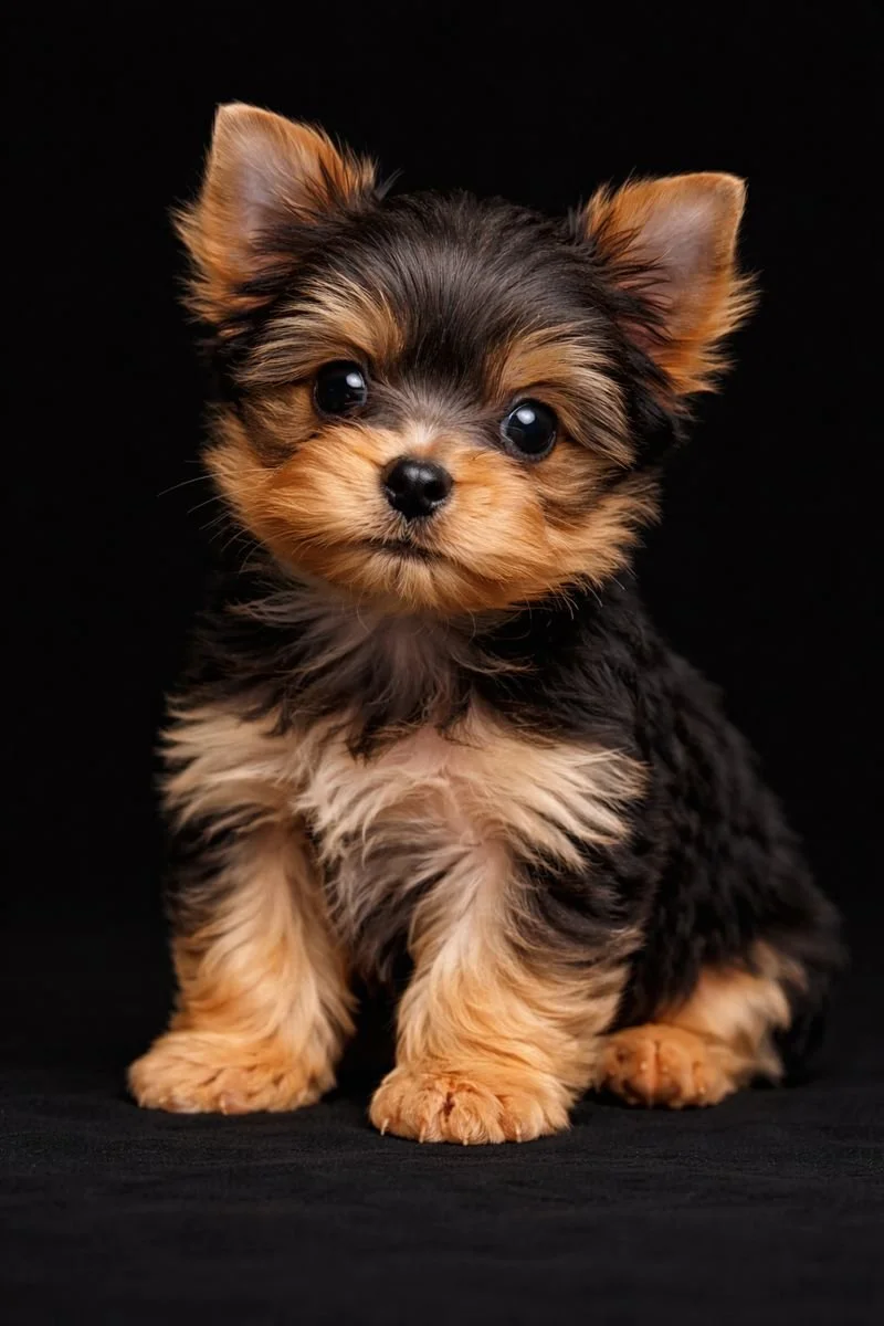 Cucciolo di Cocker Spaniel nero e marrone su sfondo nero.