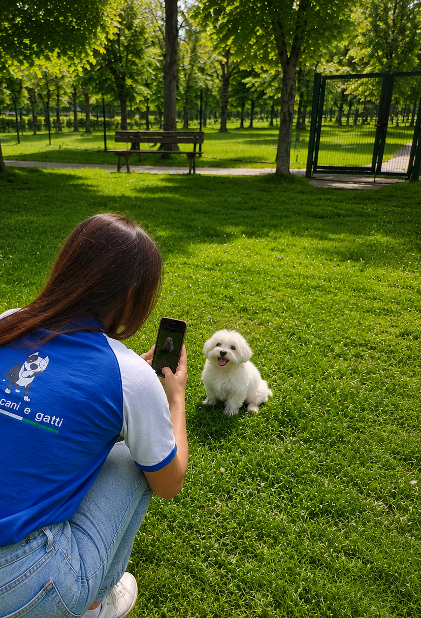 Una donna con una maglietta blu che ha scritto 'Cani e gatti' e un disegno di un cane, si trova in un parco con un cane bianco che sorride, mentre scatta una fotografia del cane con il suo smartphone.