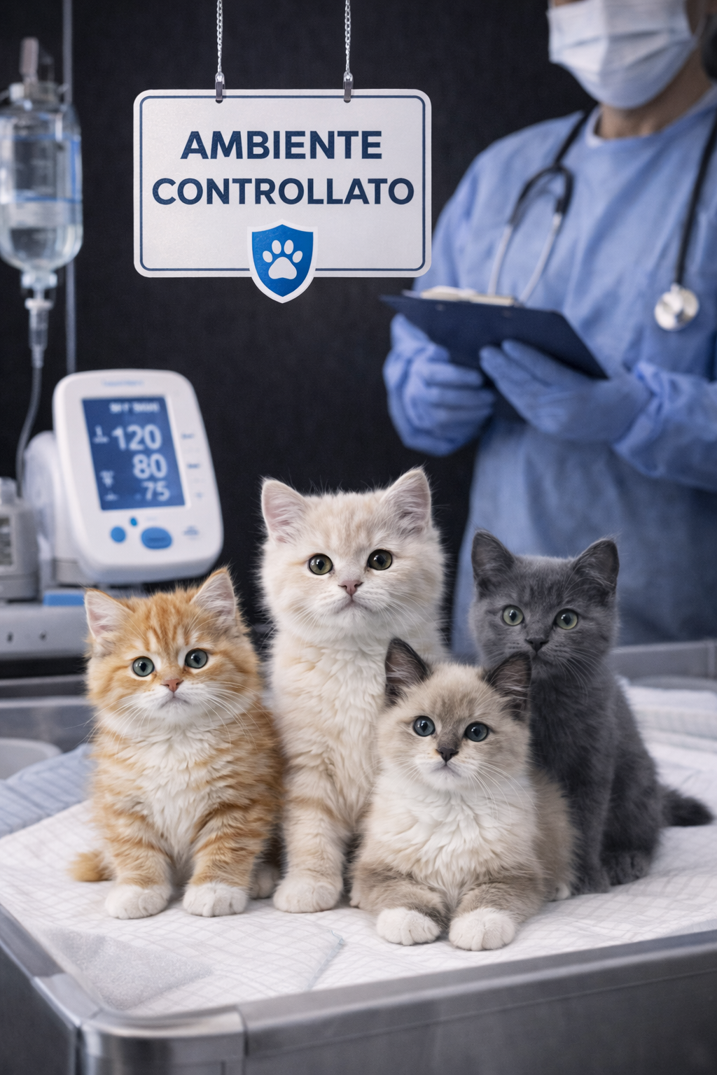 Cinque gattini di diversi colori su un letto di carta in ambiente clinico, con un veterinario in divisa e mascherina che tiene un blocco note e un delicato cartello che dice 'Ambiente Controllato' con un'icona di zampa di cane