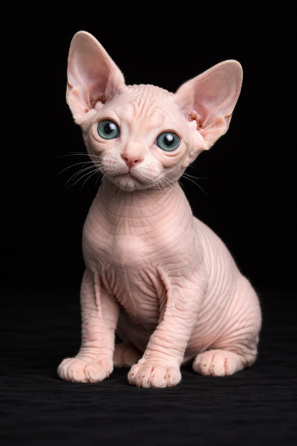 Gattino senza pelo con grandi occhi azzurri seduto su sfondo nero.