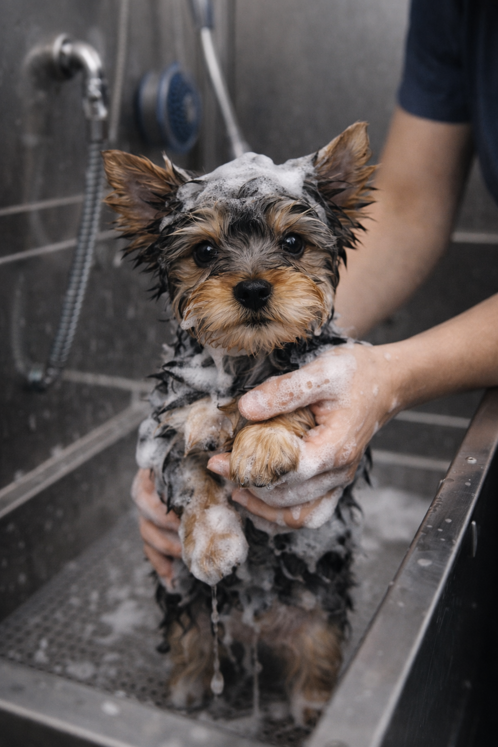 Cane di piccola taglia lavato e immerso nella vasca di trucco con schiuma e sapone, durante il lavaggio.