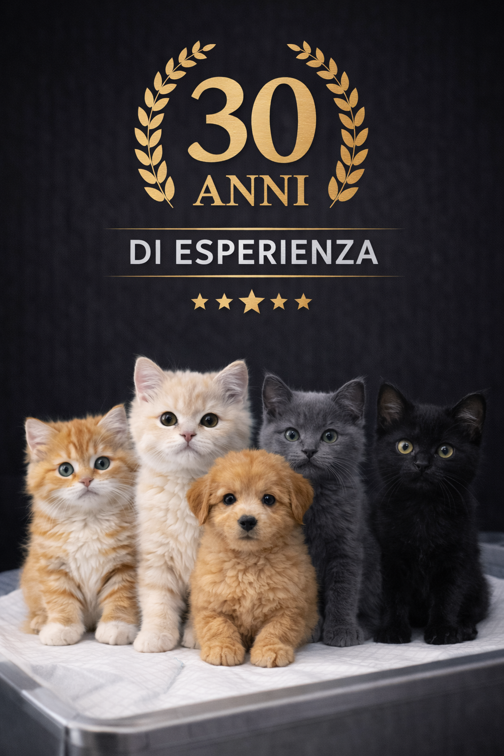 Cinque gattini e un cucciolo di cane in primo piano sotto un testo che dice "30 anni di esperienza" con una decorazione a foglie dorate e stelle.