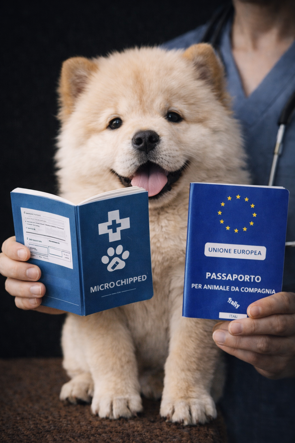 Cagnolino cucciolo peloso con un sorriso, tenuto da due mani, con passaporto europeo per animali e un certificato di microchip.