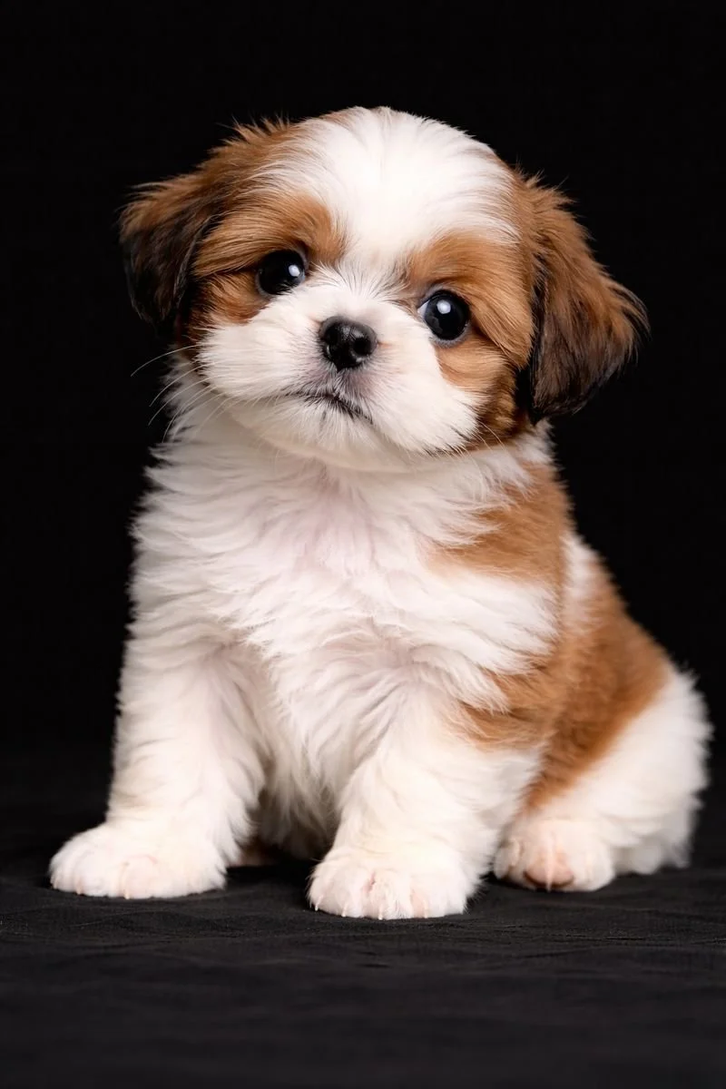Cucciolo di cane con pelo bianco e marrone, occhi grandi e sguardo dolce, su sfondo nero.