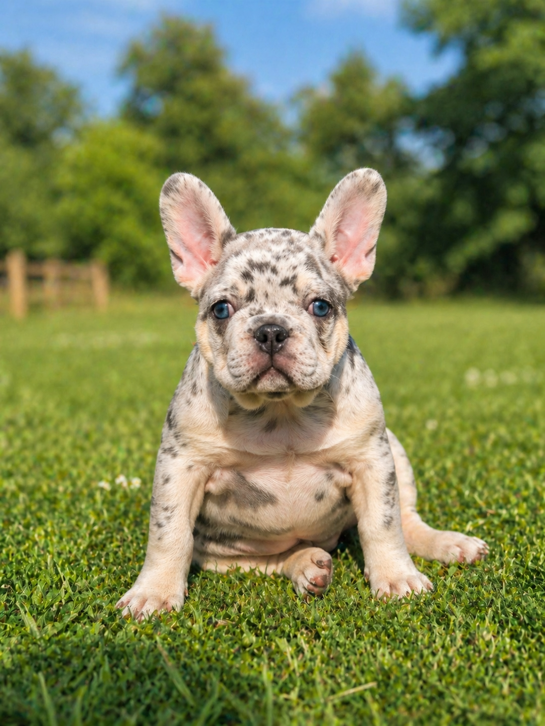 Cucciolo di bulldog francese con pelo maculato seduto su erba verde in un parco con sfondo di alberi e cielo blu