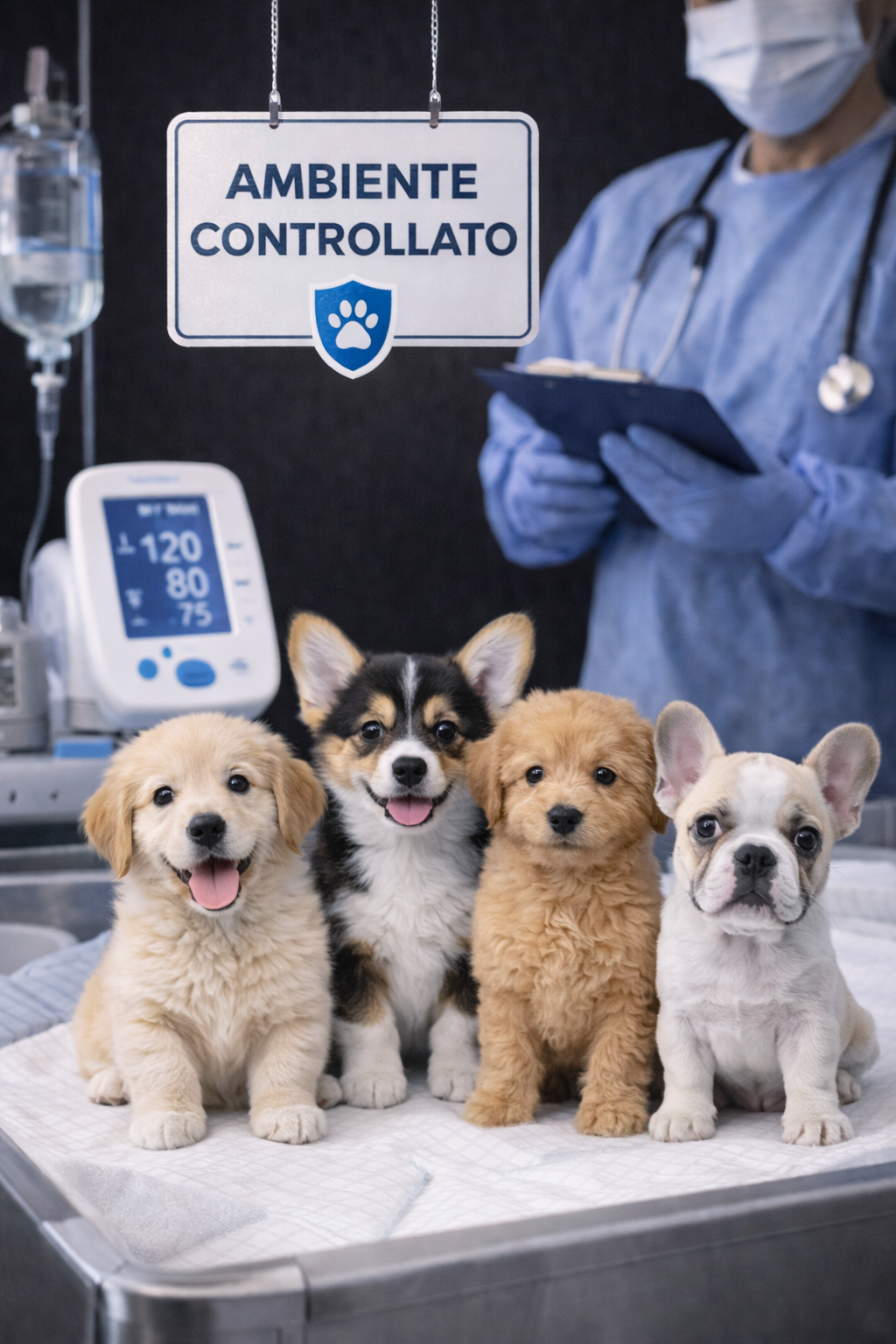 Quattro cuccioli di cane seduti su un tavolo vicino a un veterinario, con un segno che dice 'Ambiente Controllato' appeso sopra.