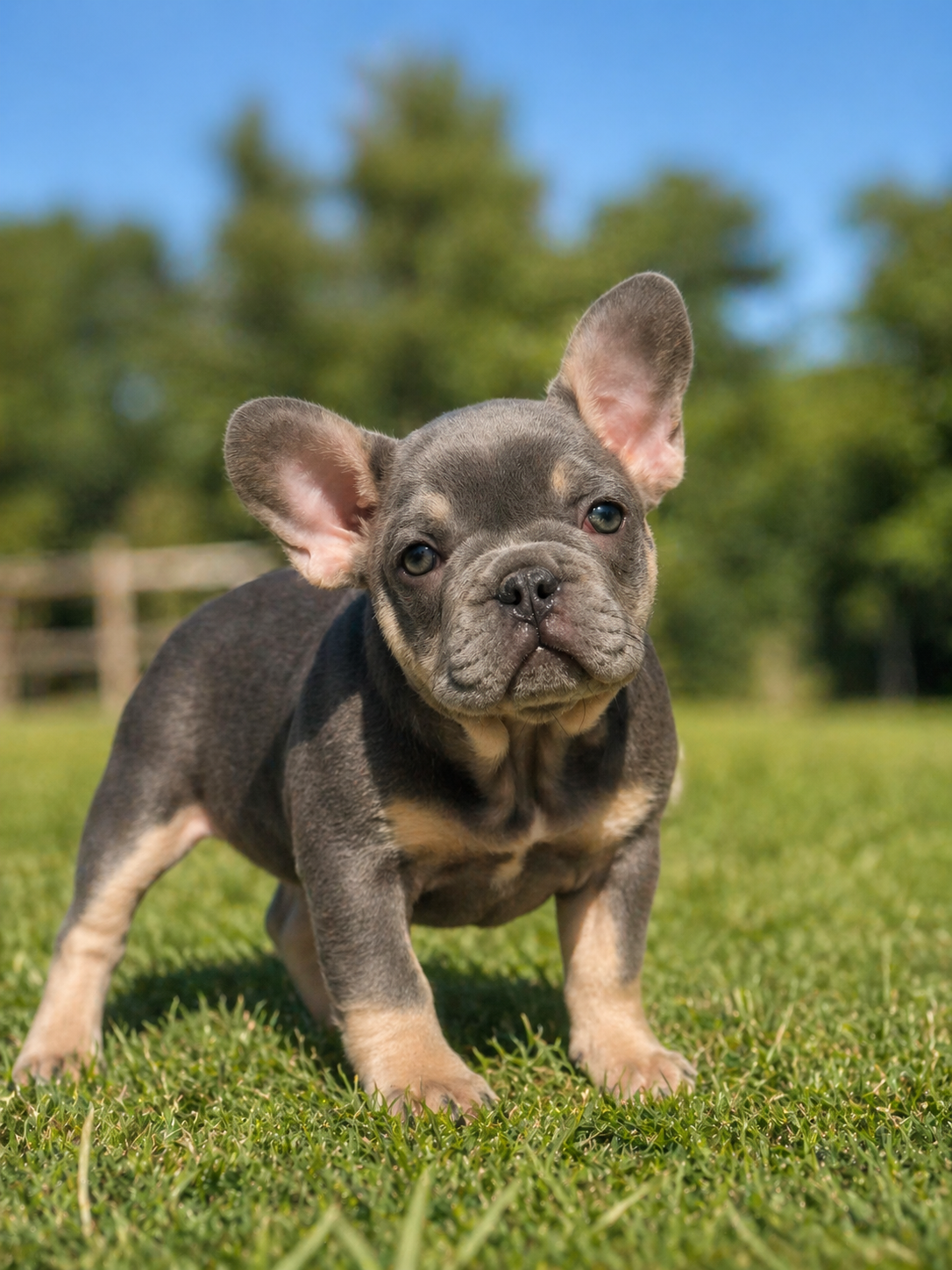 Cagnolino grigio con orecchie alte, che guarda verso la fotocamera, all'aperto su erba verde con sfondo di cielo e alberi.