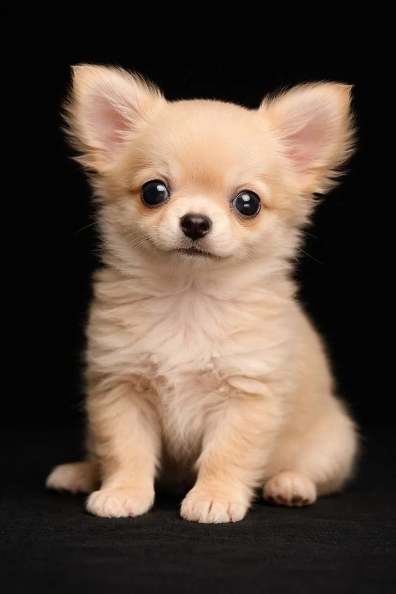 Cucciolo di razza Chihuahua con pelo crema chiaro, orecchie grandi e occhi grandi, su sfondo nero.