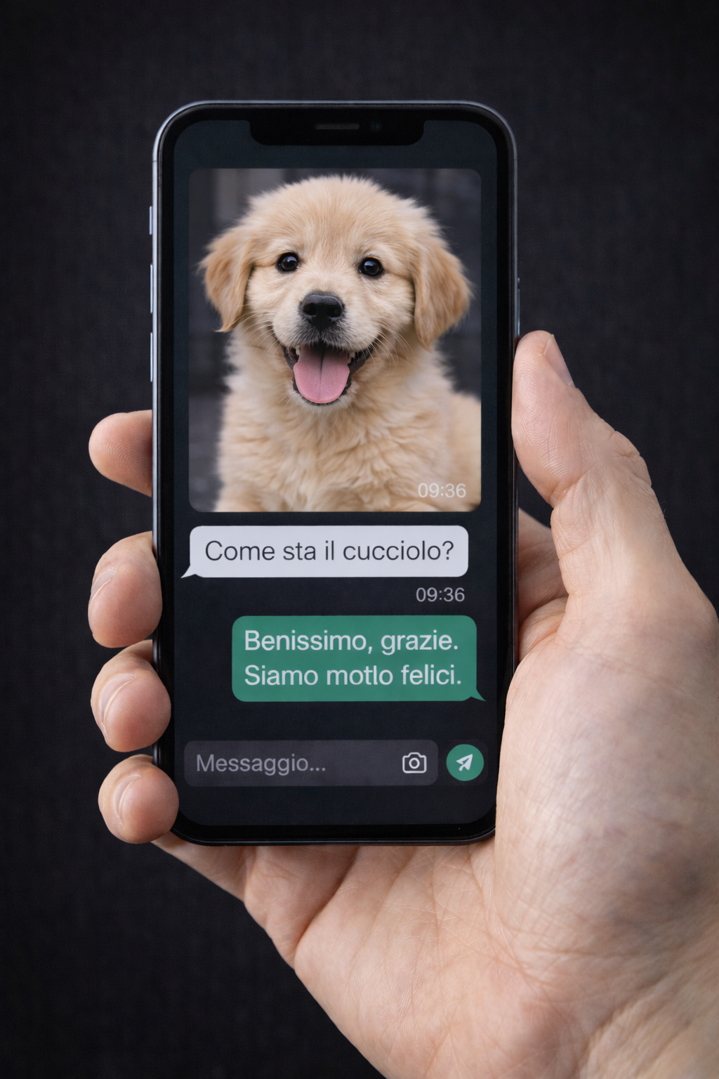 Schermata di una conversazione di messaggistica con una foto di un cucciolo di cane e un messaggio che chiede "Come sta il cucciolo?".