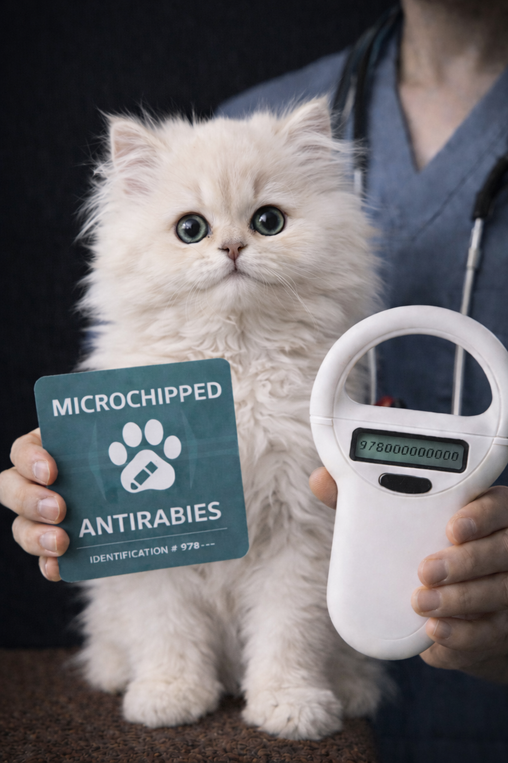 Gatto bianco a pelo lungo con biglietto di microchip, mano con lettore di microchip e persona con camice da veterinario