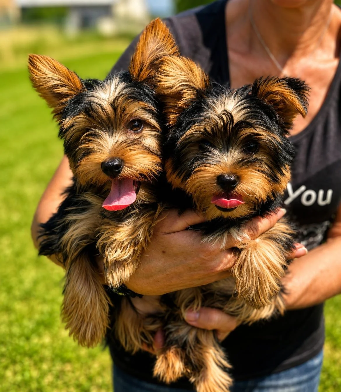 Due cuccioli di razza Yorkshire Terrier sono tenuti in braccio da una persona. I cuccioli sono neri con sfumature marroni e hanno la lingua leggermente fuori.