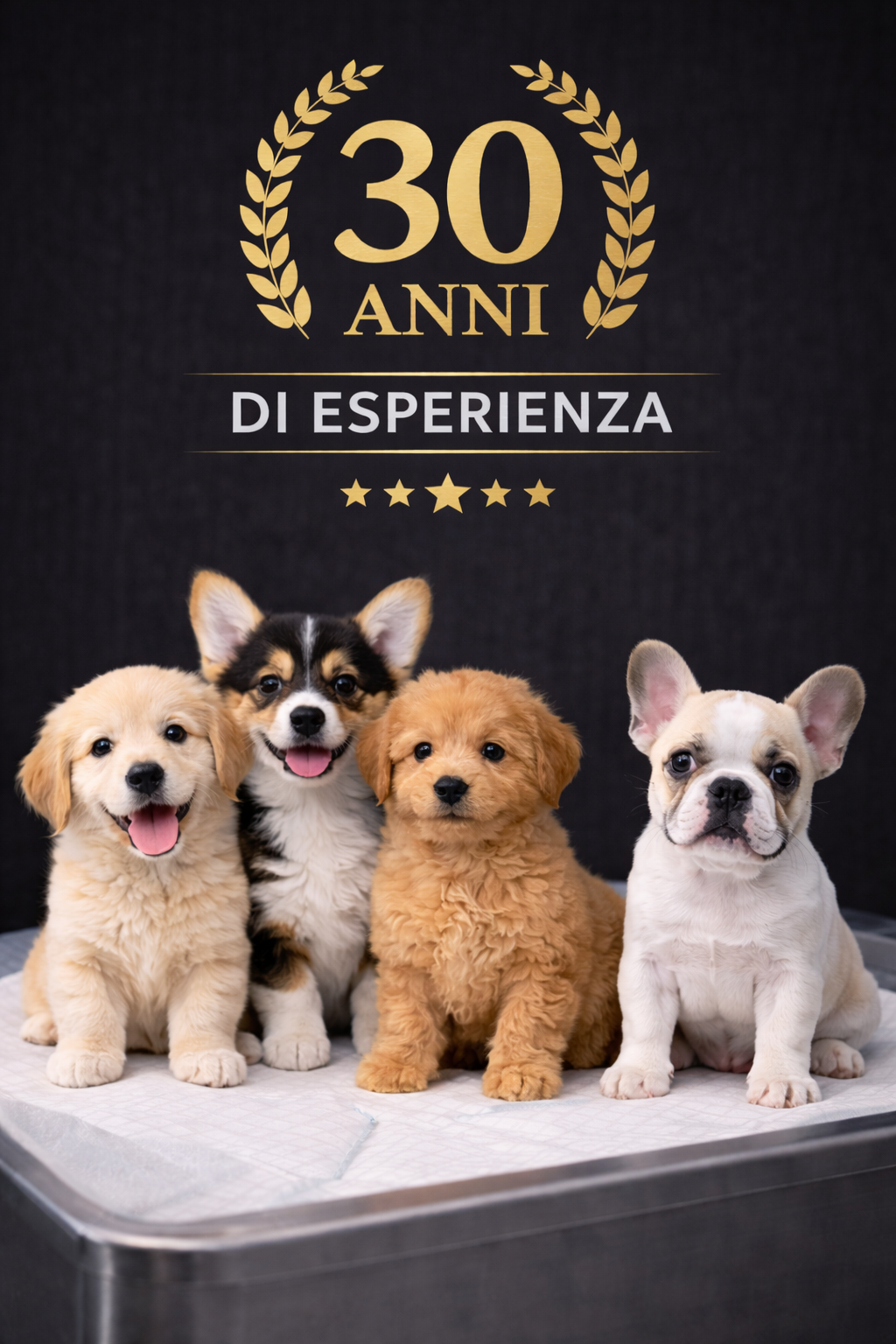 Quattro cuccioli di cane seduti su una superficie, con un cartello che celebra i 30 anni di esperienza.