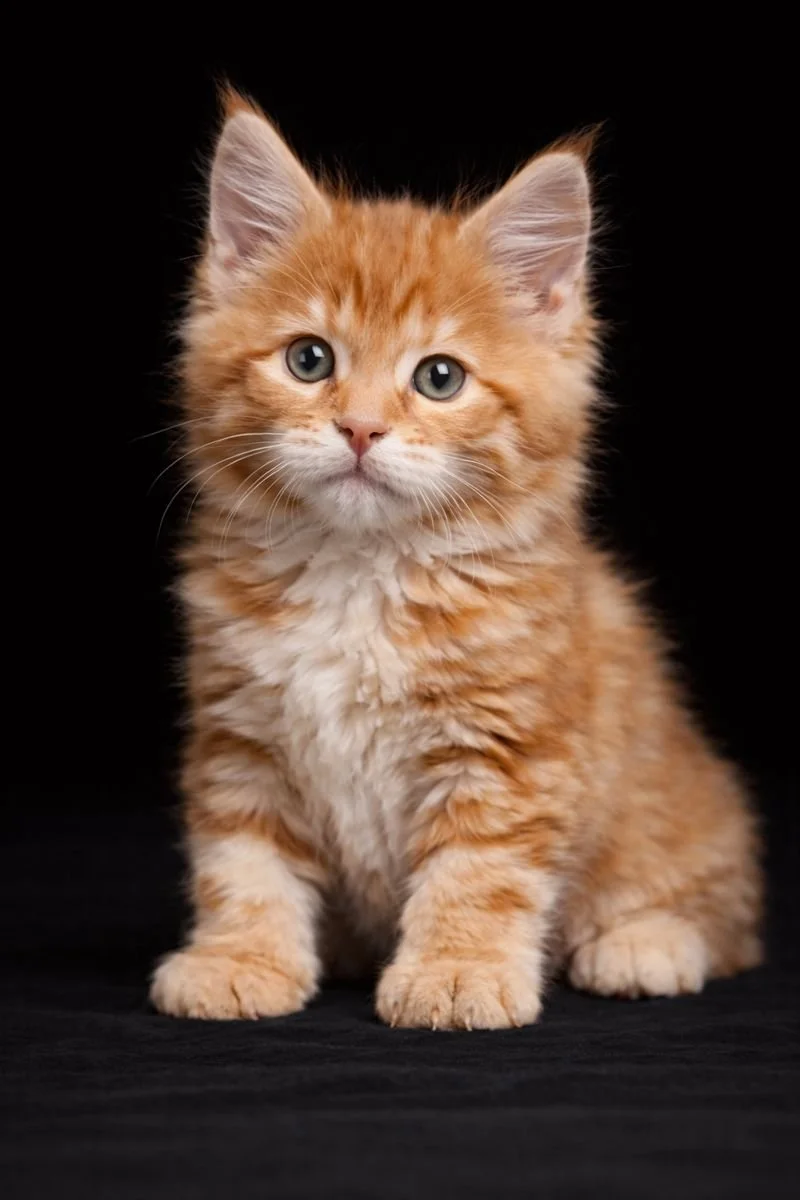 Un gattino arancione con folto pelo e occhi azzurri, seduto su uno sfondo nero.
