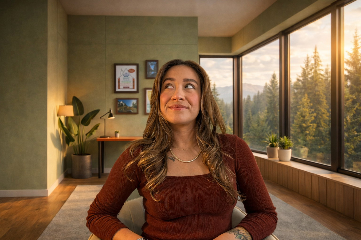 A woman with wavy brown hair wearing a maroon top and layered necklaces, smiling thoughtfully in a well-lit room with large windows overlooking a forested landscape at sunset.
